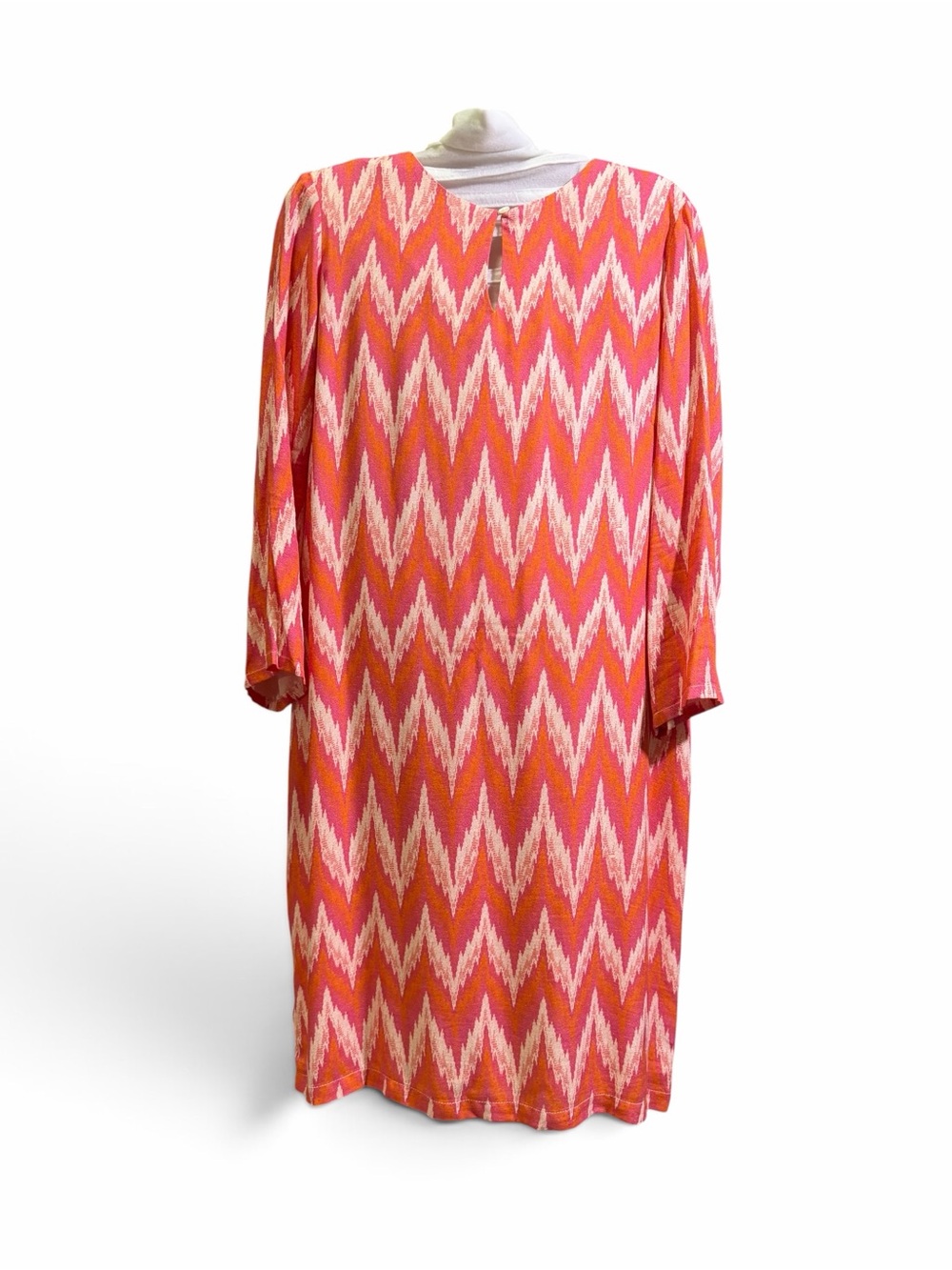 Vilagallo Orange Pink Ikat Chevron Shift Dress Keyhole 3/4 Sleeve Size US 10
